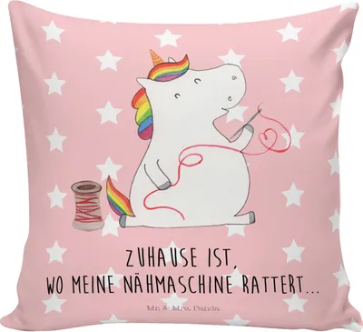 Produktbild von Mr. & Mrs. Panda kissen für sofa Einhorn Näherin - Rot Pastell - Geschenk, Einhörner, kuschelkissen 40x40, Zierkissen, Sofakissen, Unicorn, Stricken, Häkeln, Basteln