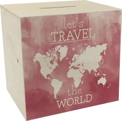 Produktbild von Spardose aus Holz mit Weltkarten Motiv und Text - let's travel the world in Rot