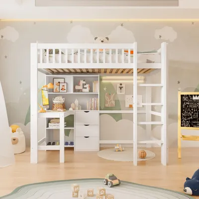 Image de Flieks Lit superposé 90x200cm avec bureau et étagère, lit d'enfant surélevé avec sommier à lattes, lit superposé simple avec échelle, blanc