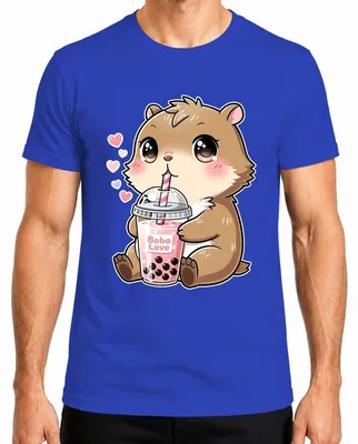 Imagen del producto de Camiseta de té de burbujas "Boba Love" con diseño de hámster, estilo kawaii, ideal como regalo para niñas y niños. Color azul, talla L