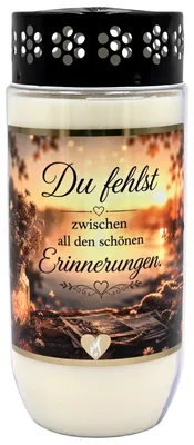 Produktbild von 8 Tage Premium Design Grabkerze mit Goldapplikation & Spruch: "Du fehlst zwischen all den schönen Erinnerungen."