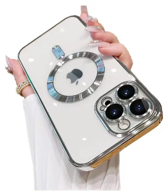 A hand is holding a clear iPhone case with a silver ring for MagSafe and a silver camera protection ring.