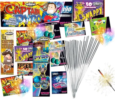 Productafbeelding van XXL SET, 190 stuks, Captain Pyro, kindervuurwerk, tafelvuurwerk met tafelbommetjes, sterrensluiters, knalbonbons en meer, geschikt voor feesten en vuurwerk, Nieuwjaar. Categorie F1, voor jongeren en kinderen, 2023/2024