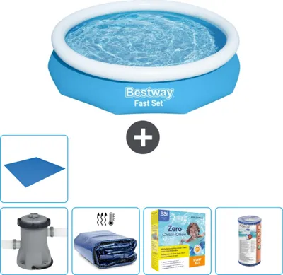 Immagine prodotto di Piscina gonfiabile rotonda Bestway ad ambientazione rapida - 305 x 66 cm - blu - pompa inclusa - tenda da sole - pacchetto manutenzione - filtro - telo di fondo