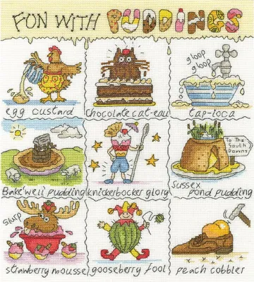Imagen del producto de Kit de bordado a punto de cruz Bothy Threads "Fun With Puddings", modelo XHS18, 26x29 cm