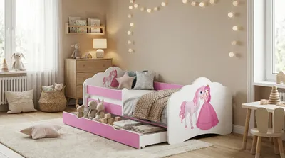 Produktbild von Happy Babies Kinderbett Happy Kinderbett mit Rausfallschutz und Bettschublade Bett für Mädchen 160x80 mit Matratze Weiß Rose Bett Prinzessin (M03)