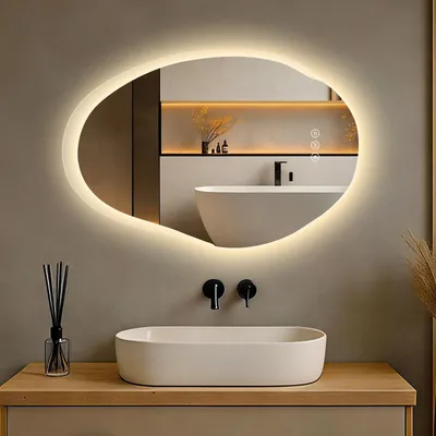 Zdjęcie produktu dla S'AFIELINA Lustro Łazienkowe LED 48 × 72 cm, Podświetlane, Asymetryczne,3 barwy światła, regulacja jasności, funkcja przeciwmgielna i pamięć ustawień