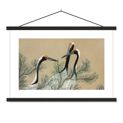 Produktbild von MuchoWow® Textilposter Kranich - Blätter - Vintage - Japanisch - Skandinavisch 120x80 cm mit schwarzem Rahmen - Wanddeko