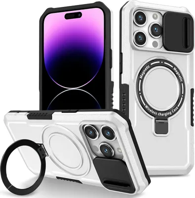 Produktbild von Handyhülle für iPhone 14 Pro Kompatibel mit MagSafe, Robuste Hülle mit Schiebe Kamera Schutz, Magnetischer Ringständer Weiß