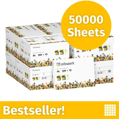 Zdjęcie produktu dla NOWOŚĆ: Infowerk Papier do drukarek i kopiarek, 50000 arkuszy, 100 x 500, A4, Premium, ekstra biały, CIE 160, Zwycięzca testów, Certyfikat PEFC