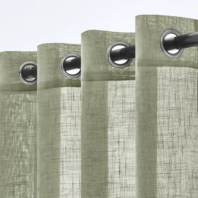 Image de Ensemble de 2 rideaux translucides gris-vert avec œillets, dimensions : 140 x 200 cm