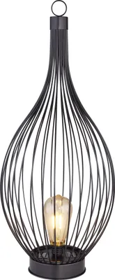 A black metal wireframe lantern with a light bulb inside, set against a white background.
