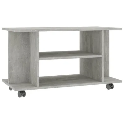 A concrete gray TV stand with two shelves and wheels, shown against a white background.