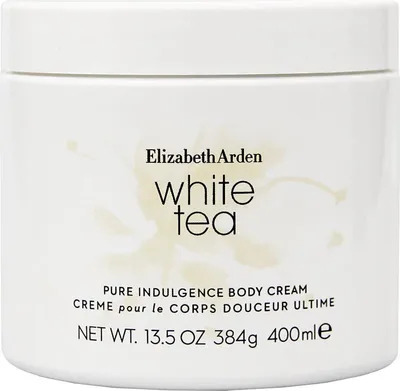 A white jar of Elizabeth Arden White Tea Pure Indulgence Body Cream.