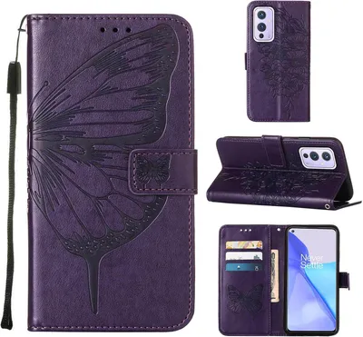 Produktbild von OnePlus 9 Hülle, Schmetterling Prägung Flip Leder Kartenfächer Schutzhülle Ledertasche mit Ständer für OnePlus 9 Lila