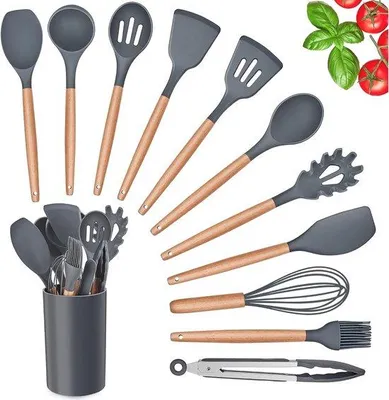 Produktbild von Unyqoos® 12‑teiliges Silikon-Kochutensilien-Set mit Holzgriffen, BPA‑frei, hitzebeständig bis 230 °C, pfannenfreundlich, inkl. Aufbewahrungs‑Halter