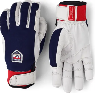 Fingerhandschuhe "Ergo Grip Active - 5 finger" von Hestra in Blau; Weiß und Rot; mit verstellbarem Klettverschluss.
