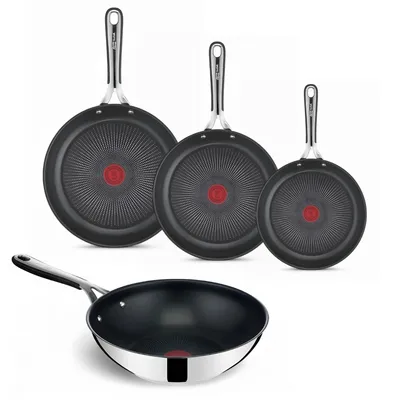 Produktbild von Tefal Jamie Oliver Kitchen Essentials Pfannenset, Bratpfannen Ø20/24/28cm, Wokpfanne Ø28cm, Edelstahl, Silikongriff, Induktion