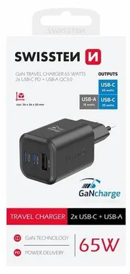 Immagine prodotto di Swissten, alimentatore USB-C 45W + USB 18W GaN Ricarica rapida Design compatto, nero