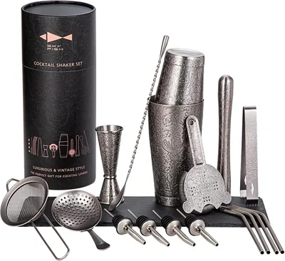 Productafbeelding van FISH Boston Cocktail Shaker Set - 3D Reliëf Design Barman Set - 18-delige Cocktial Making Kit - Roestvrij Staal  Tool Set - Space Grijs