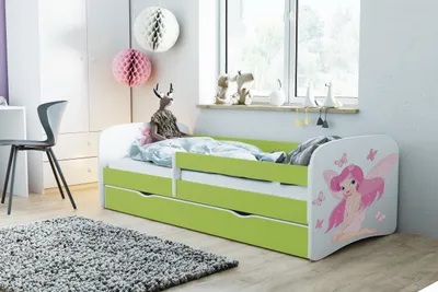 Produktbild von Kinderbett Jugendbett 70x140 cm Grün mit Matratze Rausfallschutz Schublade und Lattenrost Kinderbetten für Mädchen und Junge - Fee mit Schmetterlingen