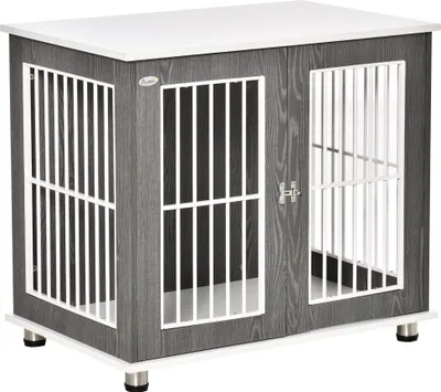 Produktbild von Verriegelbare Transportbox für Hunde aus Holzwerkstoff und Stahl, grau-weiß, mittelgroß und klein