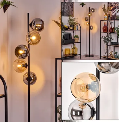 Produktbild von Cesaro Stehlampe aus Metall/Glas in Schwarz/Bernstein/Rauch im Retro-Design