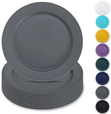 Produktbild von Ibenzoa® Kunststoff-Teller 25 cm, 8er Set – bruchsicheres, wiederverwendbares Mehrzweck-Dinner-Set für drinnen & draußen, leicht & stapelbar, grau