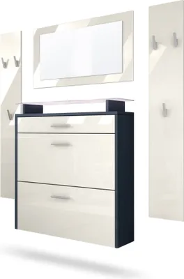 Produktbild von Vladon Garderobe Malea, Garderobenset bestehend aus 1 Hängeschuhschrank, 1 Wandspiegel und 2 Garderobenpaneele, Anthrazit matt/Creme Hochglanz, inkl. LED-Beleuchtung weiß