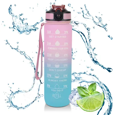 Produktbild von Trinkflasche 1 Liter Sport-Wasserflasche mit Strohhalm und Zeitmarkierungen, Auslaufsichere Tritan-Trinkflasche, BPA-frei für Sportart
