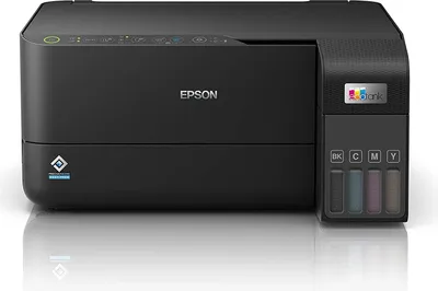 A black Epson EcoTank printer is shown from the front on a white background.