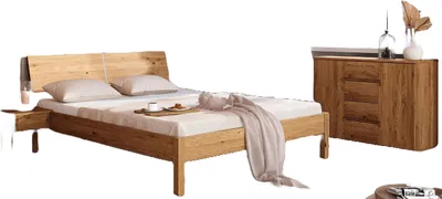 Produktbild von Bett Bento 9 Sonderlänge 160x190 Wildeiche massiv mit Holzkopfteil und Holzbeine