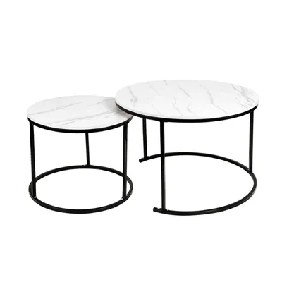 Produktbild von Couchtisch Rund,Satztisch 2er Set,Schwarz Marmor Couchtisch mit Metallgestell,Stapelbar Beistelltisch Set,Sofatisch für Wohnzimmer,Schlafzimmer,Balkon