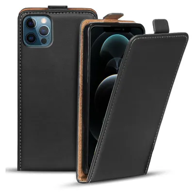 A black flip case for an iPhone is shown with the front cover open.