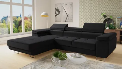 Produktbild von Ecksofa Divo mit einstellbare Kopfstützen und Schlaffunktion, Couchgarnitur, Sofagarnitur, Couch, Schlafsofa (Schwarz (Kronos 07), Ecksofa Links)