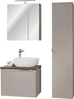 Image de Ensemble VANTA taupe : meuble sous vasque 60cm + vasque à poser + colonne de rangement + miroir + LED