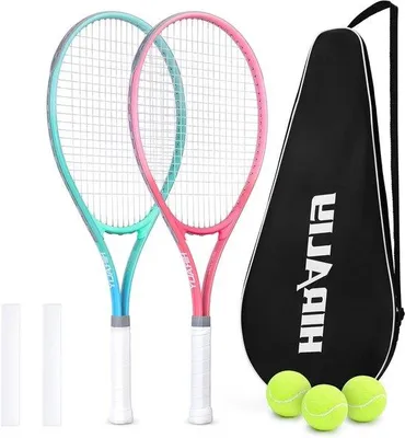 Produktbild von Tennis-Schläger-Set, 27 Zoll, für Erwachsene, für 2 Spieler, inklusive Griffband, Tennisbällen und Tragetasche, ideal für Anfänger und Freizeitspieler
