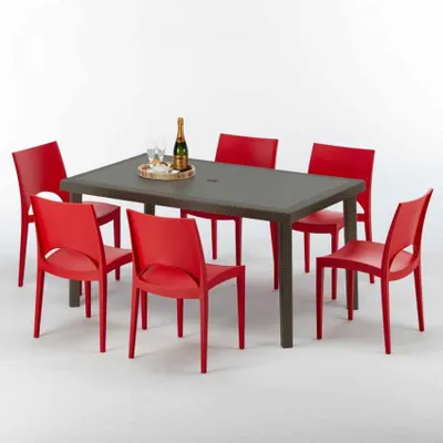 Produktbild von Polyrattan Tisch Rechteckig mit 6 Bunten Stühlen 150x90 Braun Focus