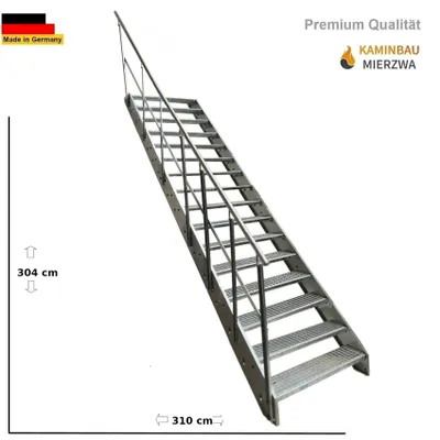 Zdjęcie produktu dla Schody strunowe Schody stalowe Stopnie kratowe 16 stopni Poręcz lewa - Ocynkowana - (szer. x wys. x gł.) 100 x 304 x 310 cm