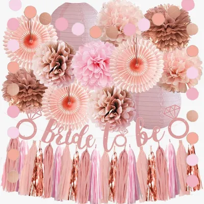 Produktbild von Deko Set Junggesellinnenabschied Rosa Roségold Papierfächer Pompons Girlande Bride to Be