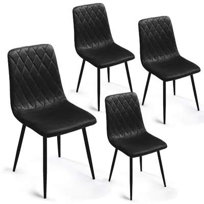 A set of four black dining chairs with a quilted design.