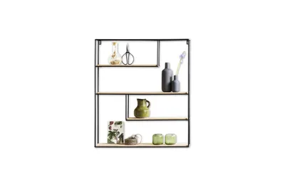 Produktbild von LIFA LIVING Wandregal aus MDF Holz & schwarzem Metall mit 4 Böden, Vintage Schweberegal im Naturstil, Hängeregal mit 4 Etagen, Gewürzregal in 70 x 60 x 11 cm