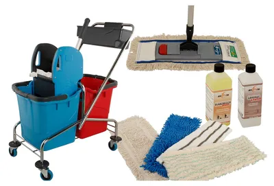 Produktbild von Axis Line Wischmop Komplettset mit Doppelfahrwagen Reinigungswagen 25 Liter Chrom und Ersatzmöppe und 2 x Profi Reinigungsmittel 50cm breite