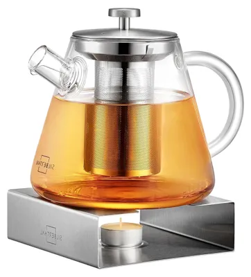 Produktbild von Teekanne mit Stövchen Set aus Glas - Mit Siebeinsatz - 1,5 Liter - Zum Warmhalten der Teekanne mit Teelicht
