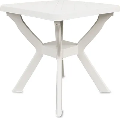 A white plastic garden table on a white background.