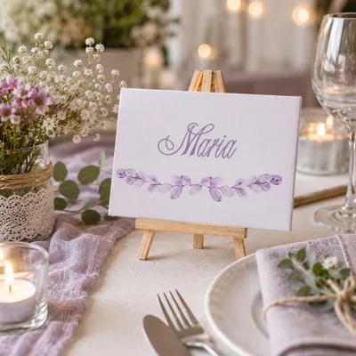 Dekorative Mini-Staffelei aus Naturholz mit eleganter Namenskarte auf festlich gedecktem Tisch mit Kerzen und Blumen.