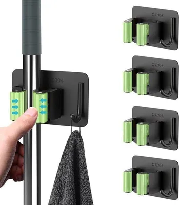 Produktbild von Famanu Halter für Besen und Mopp - 4 Stück, selbstklebend, rostfrei