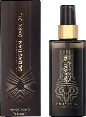 A bottle of Sebastian Dark Oil hair product and its packaging are shown against a white background.