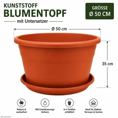 Produktbild von Kunststoff Blumentopf mit Untersetzer – Größe Ø 50cm - Farbe Terracotta