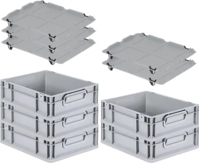 Produktbild von SparSet 5x Eurobox NextGen Economy mit Auflagedeckel und 4x Schiebeschnappverschlüsse Schwarz | Griffe geschlossen | HxBxT 12x30x40cm | 11 Liter | Eurobehälter, Transportbox, Transportbehälter, Stapelbehälter